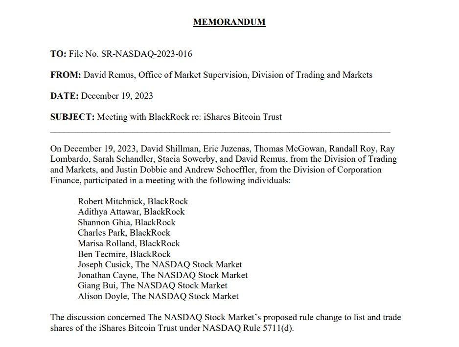 blackrock meets sec nasdaq to discuss listing rules for spot bitcoin etf